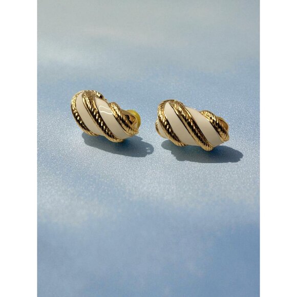 Vintage 80s-90s Signed Robert Manse Gold-tone White Enamel Twisted Rope Earrings - Picture 3 of 14